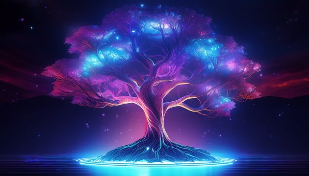 enlighted tree with neon light glow futuristic and science fiction wallpaper