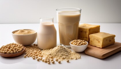 nutritious soy based food products including a beverage beans protein powder and pressed cake arranged on a light surface