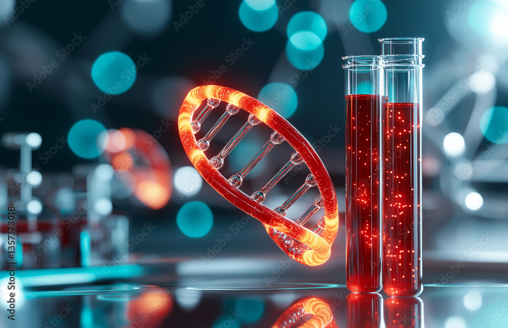 Poster captivating visualization of dna structure intertwined with test tubes filled with vibrant red liqui