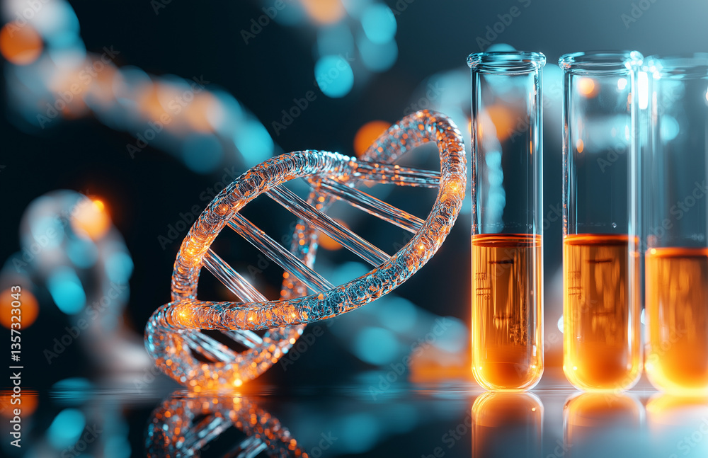 Poster captivating visualization of double helix dna structure intertwined with glowing elements, accompani