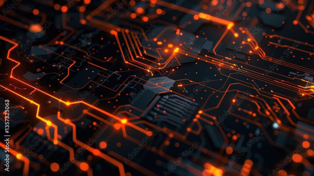 Poster glowing orange circuit board with detailed lines and patterns on a dark background. digital art for 
