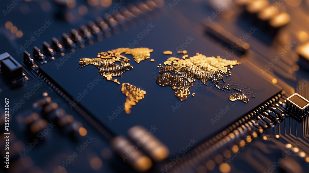 Poster a global map on a microchip symbolizes the interconnectedness