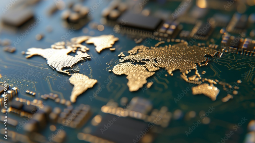 Poster a global map on a microchip symbolizes the interconnectedness