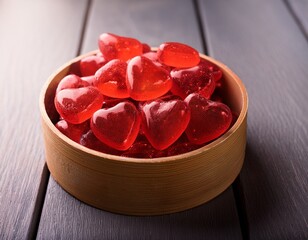 a wooden box filled with red heart shaped gummy bears