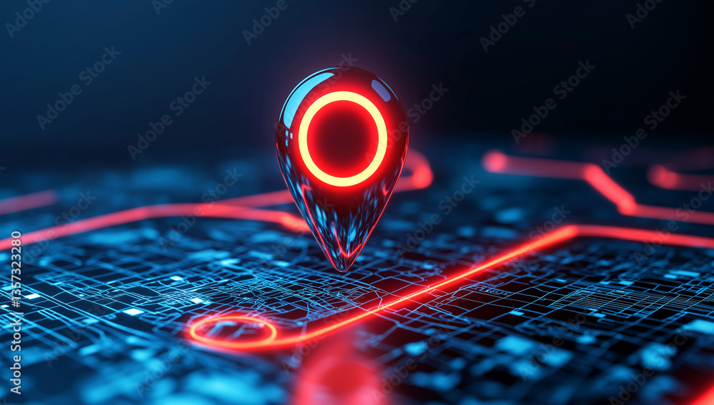 Poster digital location pin icon stands out against futuristic map background, illuminated with vibrant red