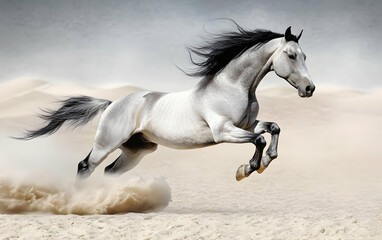 Fototapeta premium A majestic white horse galloping across a sandy landscape, showcasing grace and freedom against a dramatic sky.