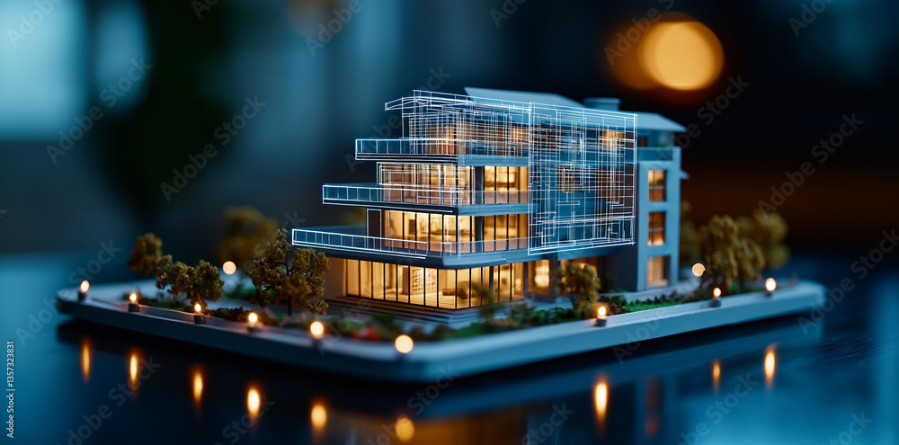 Poster detailed architectural model showcases modern building design with illuminated features, surrounded 