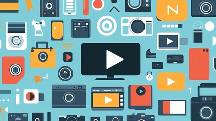 Video and podcast. Vector illustrations of multimedia, video, streaming, podcast, broadcasting, webinar, social media, shorts, communication, app. 