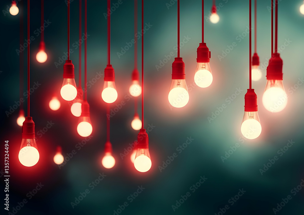 Poster a mesmerizing display of hanging red light bulbs, creating an enchanting atmosphere in an urban sett