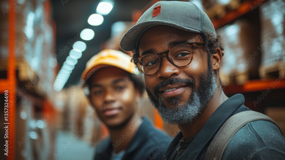 Poster two men are smiling in a warehouse filled with stacked pallets while engaging in logistics and inven