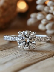 Fototapeta premium Elegant diamond engagement ring on rustic wooden surface with soft bokeh background for stock photo