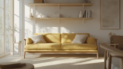 A cozy, modern living room with a mustard yellow sofa against clean white walls