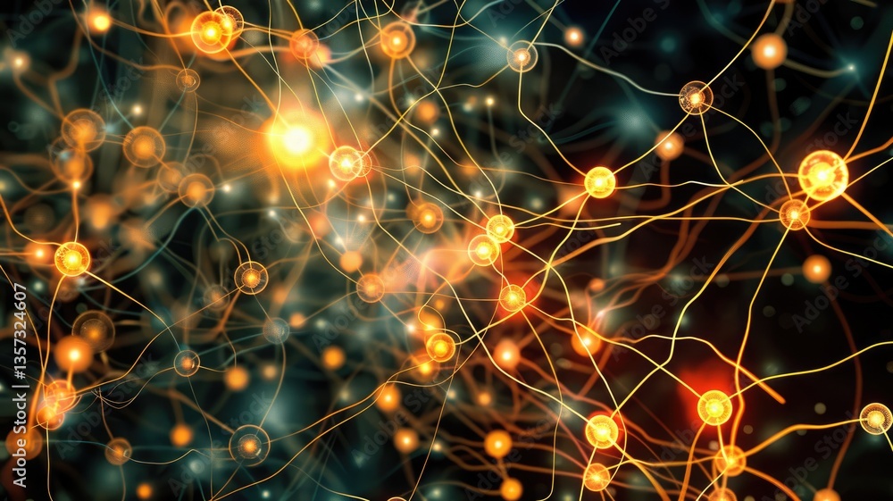 Poster an abstract digital illustration showcasing neural network connections with glowing nodes and intric