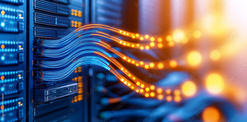 Aufkleber close up view of data center showcasing vibrant fiber optic cables transmitting data, symbolizing hi