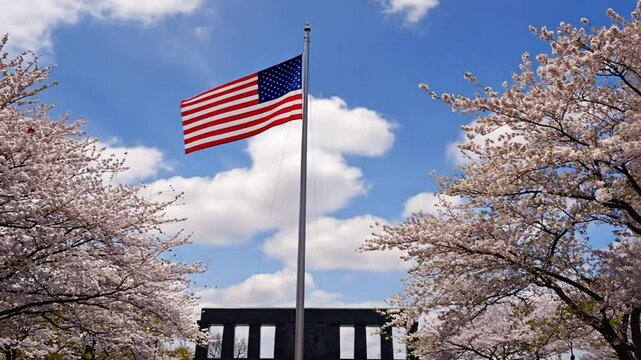 United States flag flying with cherry blossoms in the spring