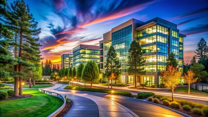Obraz premium Redwood Shores Night Skyline, Illuminated Corporate Campus at Dusk