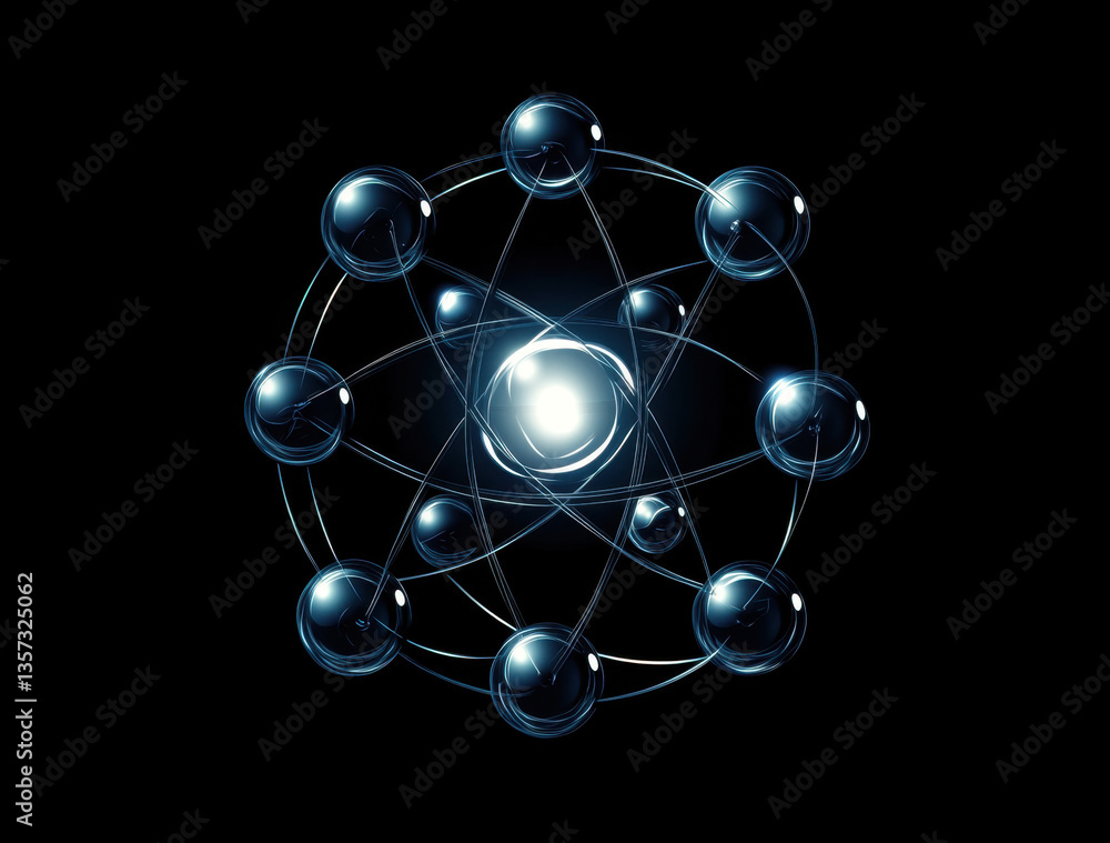 Poster a sophisticated atom model showcases protons and electrons arranged in distinct orbits around a brig