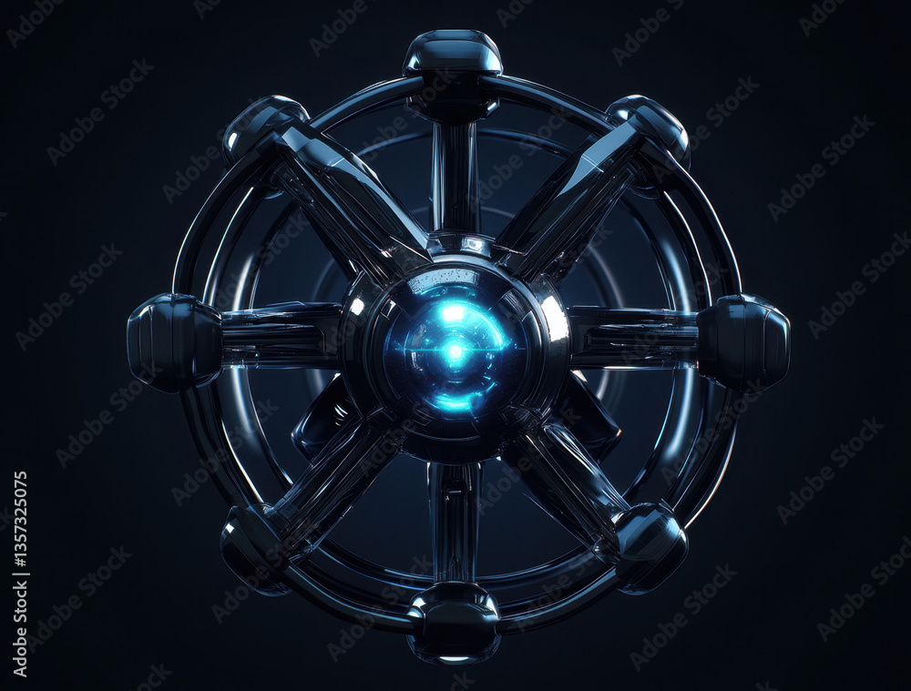 Poster a detailed representation of a futuristic atom model showcases protons and electrons, emphasizing cu