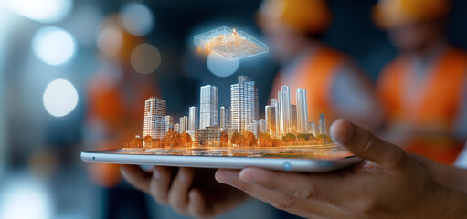 Obraz premium close up of hands holding tablet displaying holographic cityscape, showcasing modern buildings and urban design. scene conveys innovation and technology in architecture