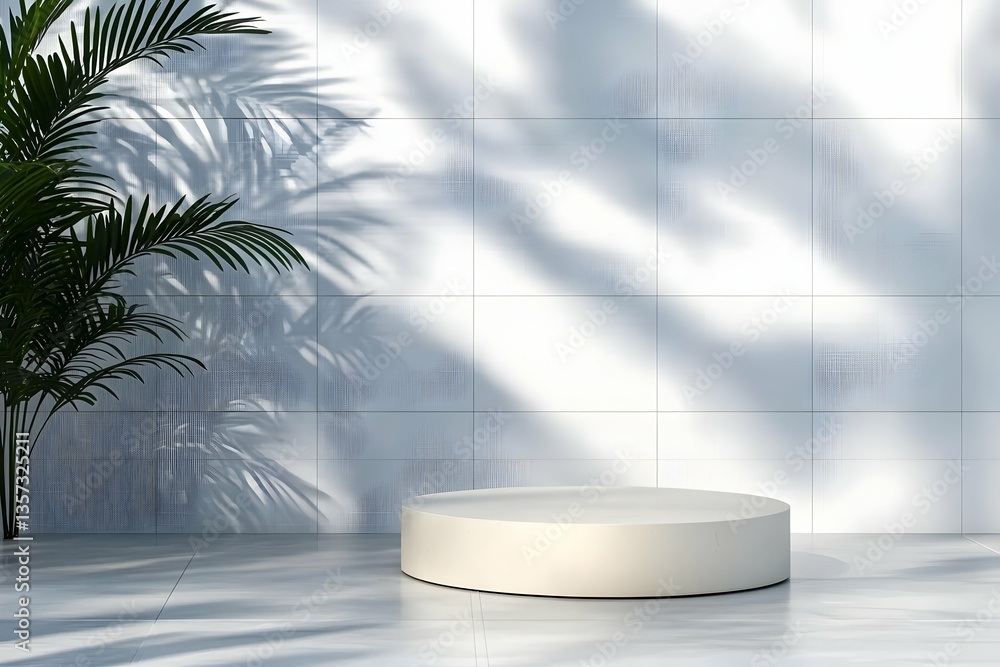 Poster a minimalistic setting featuring a round white platform and shadows from a leafy plant, ideal for pr
