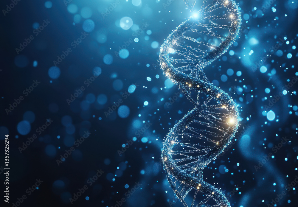 Poster a luminous dna double helix structure shines against a blue backdrop, highlighting its complex form 