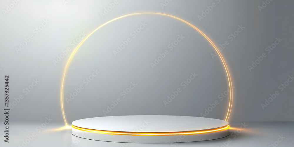 Poster a minimalist circular display platform with a glowing arc, perfect for showcasing products and artis