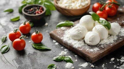 Fresh mozzarella balls with cherry tomatoes and basil leaves on a wooden cutting board.