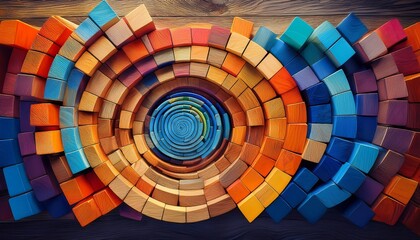 colorful wooden blocks spiral aligned wide format hand edited generative ai