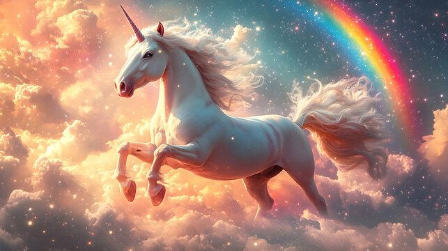 Dreamy unicorn fantasy background with a vibrant rainbow arching across a pastel sky, filled with twinkling stars and soft glowing clouds