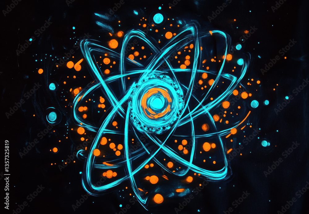 Poster visualization captures an abstract atom structure, showcasing electrons in motion around a nucleus w