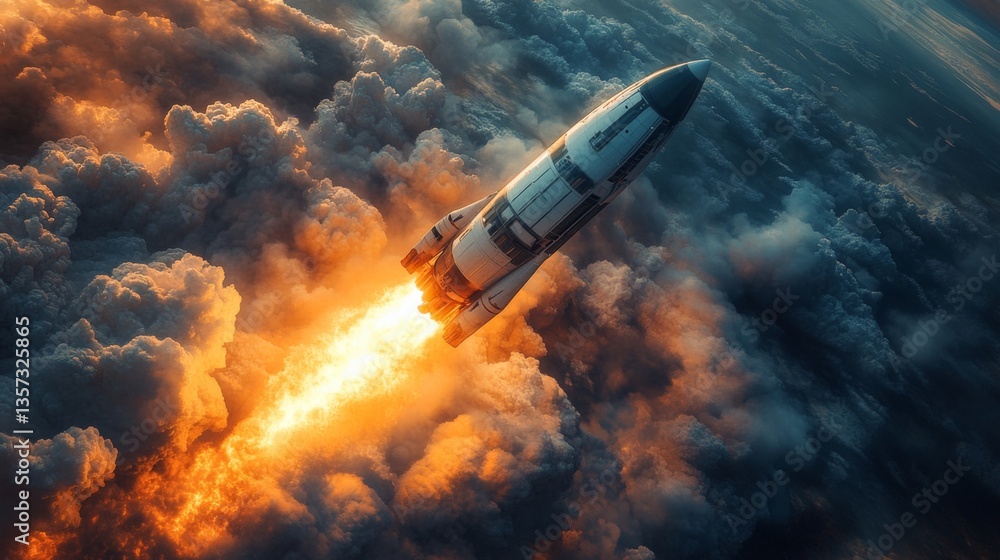 Poster a rocket ascends into the atmosphere, exuding flames and smoke as it propels upwards amidst a backdr