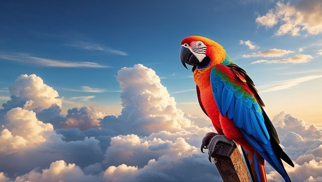arrot on a perch against a blue sky, open sky perspective, fluffy clouds in background, warm natural lighting, rich feather details