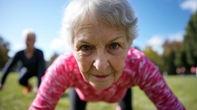 Senior woman embraces fitness goals in green park with personal trainer's support