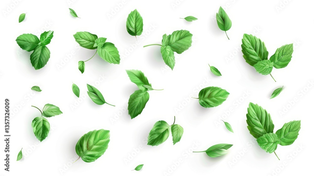 Poster tropical leaves frame with mint green with white background. macro photography of green leaves place