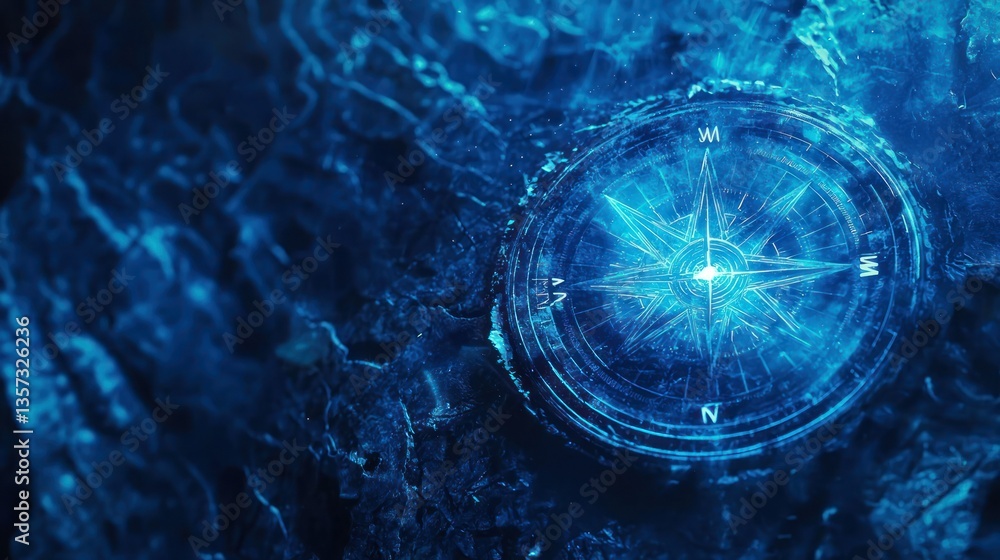 Poster An abstract blue-toned background with a glowing compass in the foreground 