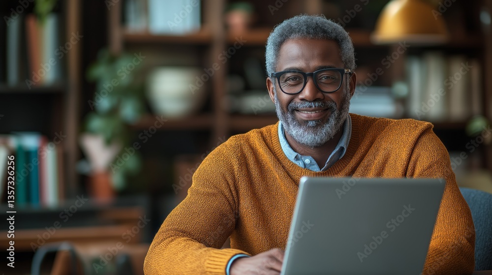Aufkleber a joyful man with a beard sits in a stylish office, working on a laptop. sunlight filters through th