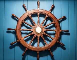 a beautifully crafted wooden ships steering wheel is displayed prominently on the wall showcasing its intricate details and maritime significance