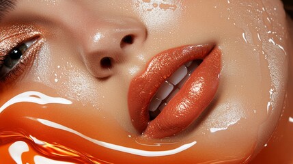 Obraz premium A bold editorial close-up featuring a model with wet-look luminous skin, sleek hair, rich bronze tones, and glossy lips