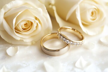 Wedding Rings with White Roses and Petals for Bridal Concept