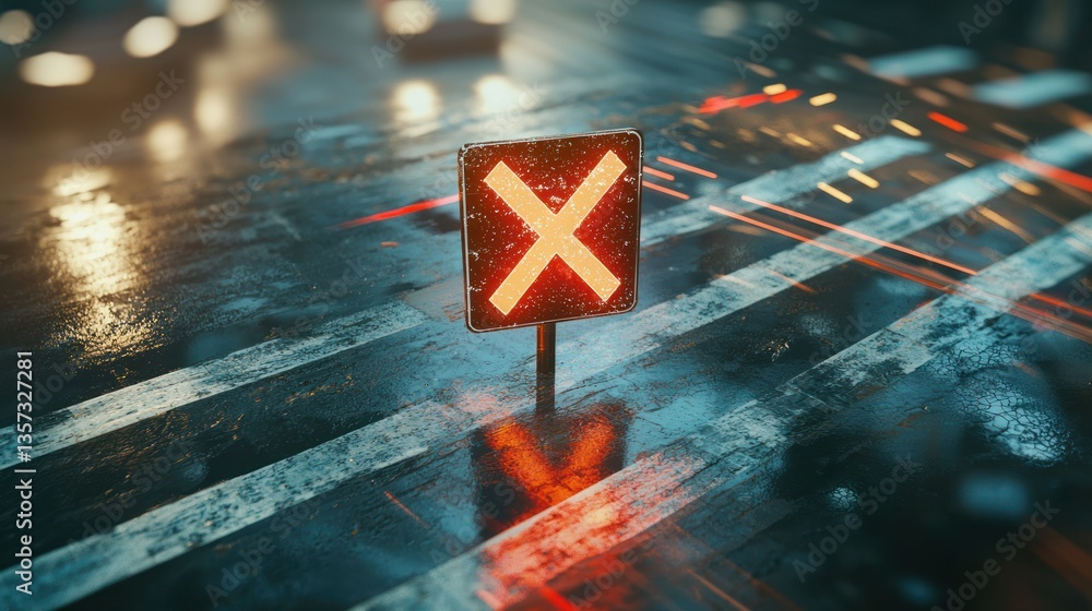 Poster an abstract road sign in the middle of a crossroads representing choices and directions.