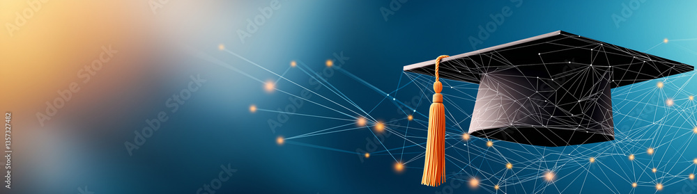 Poster modern graduation cap with vibrant orange tassel is set against dynamic blue background filled with 