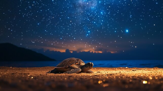 Turtle Laying Eggs on a Sandy Beach Beneath Twinkling Stars