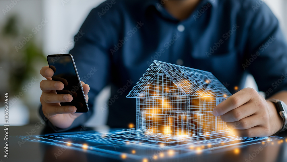 Poster person is engaged in architectural design, using smartphone to interact with holographic representat