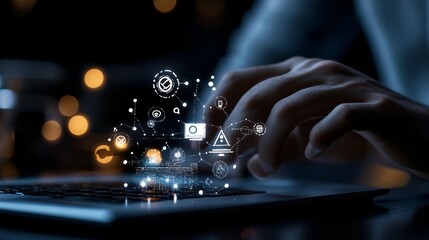 Person working on laptop, digital interface