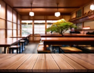 empty wooden table blurred background interior japanese restaurant