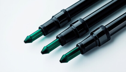 Three black and green sprinkler brushes offer precision for painting, showcasing their tips in perfect alignment. Ideal for artists and hobbyists