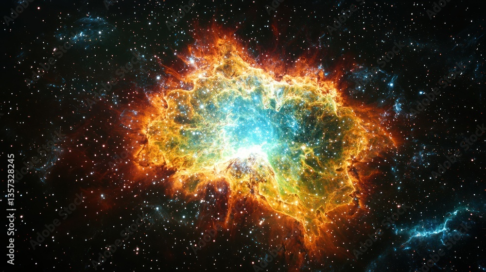Poster an artistic space scene with the crab nebula visible as the centerpiece against a starry background.