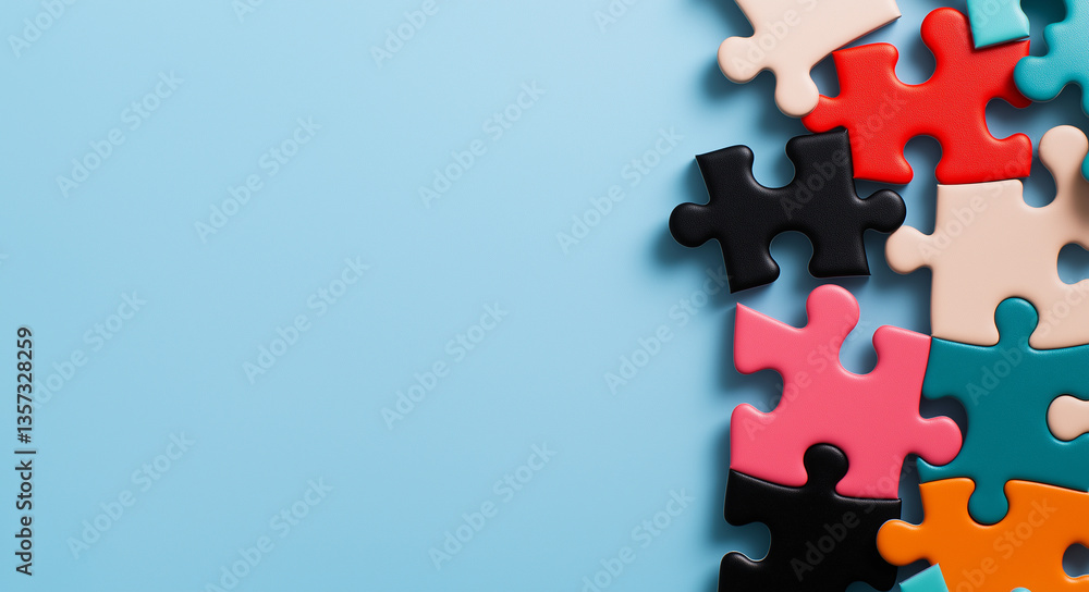 Poster colorful puzzle pieces scattered on light blue background create playful and engaging atmosphere, in