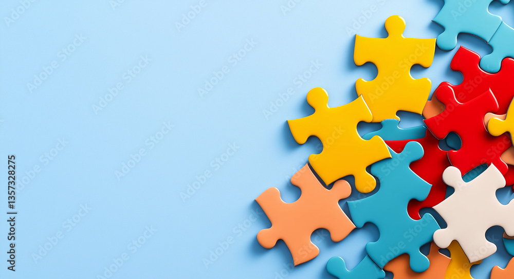 Poster colorful puzzle pieces scattered on light blue background create playful and engaging atmosphere, pe