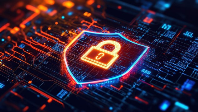 Digital circuit board security with a glowing lock and shield graphic